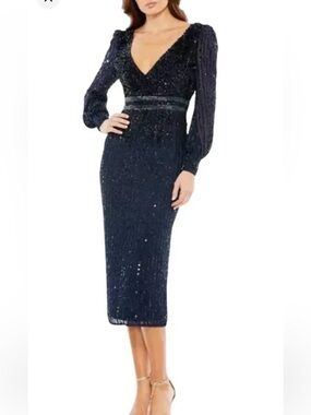 NWT MAC DUGGAL 93593 Sequined Beaded Dress long sleeve Midi Navy size 10